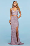 V-neck Sheath Plunging Neck Natural Waistline Sleeveless Spaghetti Strap Sequined Lace-Up Slit Sheath Dress with a Brush/Sweep Train