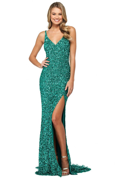V-neck Natural Waistline Sheath Cutout Slit Fitted Goddess Back Zipper Sequined Beaded Sleeveless Plunging Neck Floor Length Sheath Dress with a Brush/Sweep Train