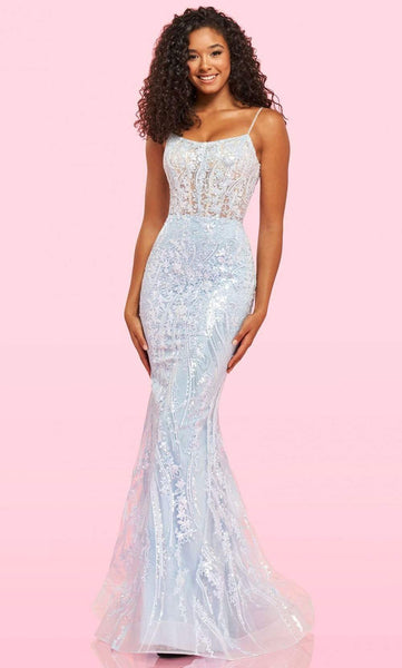 Sleeveless Lace Corset Natural Waistline Scoop Neck Sheer Sequined Fitted Applique Open-Back Mermaid Dress with a Brush/Sweep Train
