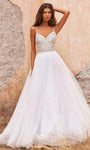 V-neck Glittering Goddess Beaded Fitted Sleeveless Spaghetti Strap Natural Waistline Tulle Dress with a Brush/Sweep Train