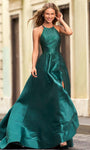 A-line Sleeveless Halter Natural Waistline Beaded Slit Jeweled Sheer Dress with a Brush/Sweep Train