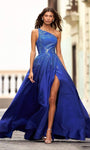 Sophisticated Slit Asymmetric One Shoulder Natural Waistline Dress with a Brush/Sweep Train With Rhinestones