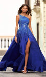 Sophisticated One Shoulder Natural Waistline Asymmetric Slit Dress with a Brush/Sweep Train With Rhinestones