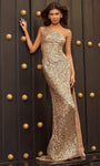 One Shoulder Sleeveless Slit Fitted Asymmetric Sequined Sheath Natural Waistline Sheath Dress/Prom Dress with a Brush/Sweep Train