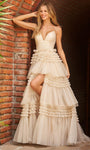 V-neck Tulle Empire Waistline Sleeveless Spaghetti Strap Gathered Slit Tiered Glittering Ball Gown Dress with a Brush/Sweep Train