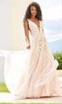 A-line V-neck Sleeveless Natural Waistline Back Zipper Applique Open-Back Illusion Dress with a Brush/Sweep Train