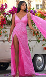 V-neck Sleeveless Natural Waistline Sheath Sequined Sheer Slit Draped Sheath Dress with a Brush/Sweep Train