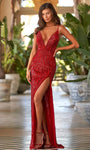Sophisticated V-neck Spaghetti Strap Sequined Beaded Slit Sheath Natural Waistline Plunging Neck Sheath Dress with a Brush/Sweep Train