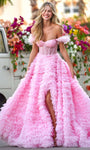 Plus Size Off the Shoulder Tulle Corset Empire Waistline Floral Print Sweetheart Sequined Tiered Slit Floor Length Ball Gown Prom Dress with a Brush/Sweep Train With Ruffles