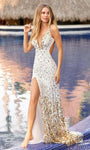 V-neck Floor Length Beaded Slit Sequined Fitted Sheath Natural Waistline Plunging Neck Sleeveless Sheath Dress/Evening Dress with a Brush/Sweep Train