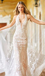 Sleeveless Halter Plunging Neck Natural Waistline Embroidered Sheer Illusion Lace Mermaid Dress with a Brush/Sweep Train