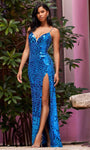 V-neck Slit Sheer Open-Back Natural Waistline Floor Length Sheath Spaghetti Strap Sheath Dress with a Brush/Sweep Train