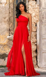 Sexy A-line Empire Waistline Chiffon Slit Asymmetric Beaded Back Zipper Open-Back Ruched Flowy Applique One Shoulder Sleeveless Party Dress with a Brush/Sweep Train