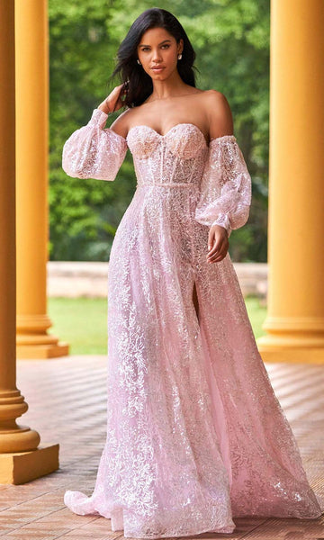 Plus Size Sexy A-line Strapless Slit Sequined Floor Length Bishop Long Sleeves Lace Corset Natural Waistline Sweetheart Prom Dress with a Court Train