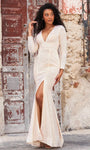 V-neck Empire Waistline Back Zipper Cutout Slit Sequined Mermaid Long Sleeves Dress with a Brush/Sweep Train