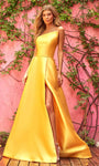 A-line Strapless Slit Draped Asymmetric Open-Back Natural Waistline Prom Dress with a Brush/Sweep Train