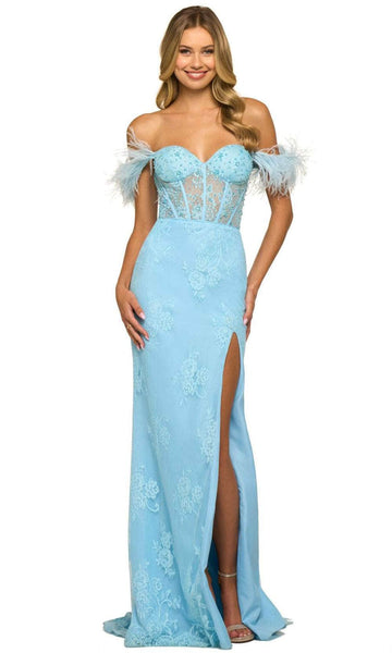 Sexy Fitted Slit Sheer Beaded Open-Back Corset Natural Waistline Floor Length Lace Sheath Floral Print Cap Sleeves Off the Shoulder Sweetheart Sheath Dress/Evening Dress with a Brush/Sweep Train