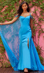 V-neck Cold Shoulder Sleeves Natural Waistline Sheer Slit Beaded Fitted Mermaid Dress with a Brush/Sweep Train