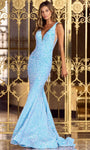 V-neck Flutter Sleeves Sleeveless Mermaid Natural Waistline Plunging Neck Velvet Hidden Back Zipper Mesh Sequined Illusion Open-Back Prom Dress with a Brush/Sweep Train