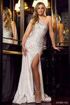 Jersey One Shoulder Slit Asymmetric Fitted Back Zipper Empire Waistline Mermaid Dress With Rhinestones