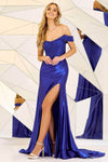 Sheath Corset Natural Waistline Off the Shoulder Slit Ruched Floor Length Sheath Dress with a Brush/Sweep Train