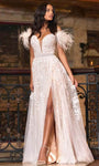 A-line V-neck Lace Applique Beaded Sheer Slit Belted Back Zipper Off the Shoulder Natural Waistline Dress