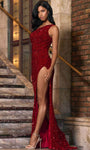 Sexy Sheath Fitted Sequined Asymmetric Slit One Shoulder Velvet Natural Waistline Sheath Dress/Evening Dress with a Brush/Sweep Train