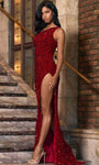 Sexy Velvet One Shoulder Sheath Natural Waistline Asymmetric Sequined Slit Fitted Sheath Dress/Evening Dress with a Brush/Sweep Train