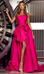 Sophisticated A-line Strapless Taffeta Ruched Slit Back Zipper Floor Length Natural Waistline Evening Dress/Party Dress With a Bow(s)