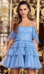 A-line Cocktail Short Tiered Ruched Empire Waistline Cold Shoulder Sleeves Off the Shoulder Spaghetti Strap Tulle Dress With Ruffles