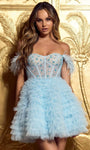 A-line Corset Natural Waistline Cocktail Short Sweetheart Back Zipper Open-Back Flowy Lace Off the Shoulder Dress With Ruffles