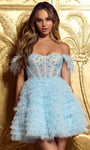 A-line Sweetheart Off the Shoulder Cocktail Short Corset Natural Waistline Flowy Open-Back Back Zipper Lace Dress With Ruffles