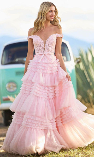 A-line Illusion Tiered Off the Shoulder Corset Natural Waistline Prom Dress with a Brush/Sweep Train With Ruffles