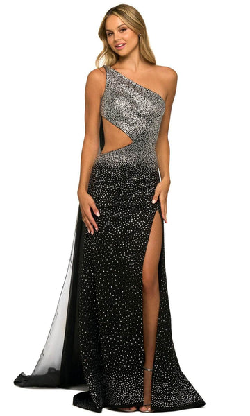 Natural Waistline Mermaid Beaded Slit Open-Back Cutout One Shoulder Prom Dress with a Brush/Sweep Train With Rhinestones and a Sash