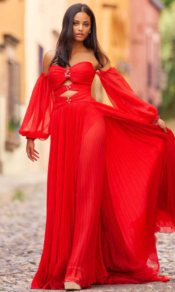 A-line Strapless Flutter Sleeves Chiffon Slit Ruched Hidden Back Zipper Pleated Jeweled Cutout Natural Waistline Sweetheart Prom Dress with a Brush/Sweep Train