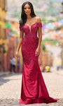 Silk Off the Shoulder Illusion Hidden Back Zipper Beaded Plunging Neck Natural Waistline Mermaid Prom Dress with a Brush/Sweep Train With Rhinestones