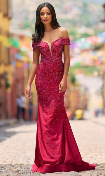 Off the Shoulder Natural Waistline Mermaid Beaded Illusion Hidden Back Zipper Silk Plunging Neck Prom Dress with a Brush/Sweep Train With Rhinestones