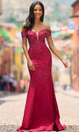 Natural Waistline Plunging Neck Silk Mermaid Illusion Hidden Back Zipper Beaded Off the Shoulder Prom Dress with a Brush/Sweep Train With Rhinestones