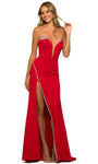 Sexy V-neck Strapless Plunging Neck Natural Waistline Beaded Trim Sheath Illusion Slit Sheer Hidden Back Zipper Sheath Dress/Prom Dress with a Brush/Sweep Train