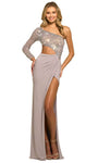 Long Sleeves One Shoulder Cutout Beaded Asymmetric Slit Sheath Natural Waistline Jersey Sheath Dress/Evening Dress/Prom Dress