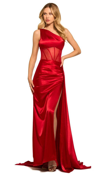 Sheath Fitted Asymmetric Slit Pleated Jersey Corset Natural Waistline Sheath Dress/Prom Dress with a Brush/Sweep Train