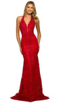 Applique Open-Back Sheath Halter Floor Length Natural Waistline Sleeveless Lace Sheath Dress/Prom Dress with a Brush/Sweep Train