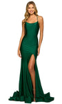 Sexy Jersey Scoop Neck Mermaid Natural Waistline Spaghetti Strap Slit Open-Back Lace-Up Prom Dress with a Brush/Sweep Train