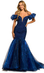 V-neck Puff Sleeves Sleeves Off the Shoulder Spaghetti Strap Back Zipper Gathered Beaded Open-Back Organza Mermaid Natural Waistline Plunging Neck Prom Dress with a Court Train