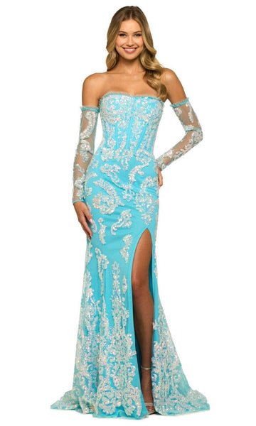 Sexy Strapless Long Sleeves Straight Neck Slit Sheer Open-Back Sequined Lace Corset Natural Waistline Sheath Ruffle Trim Floor Length Sheath Dress/Prom Dress with a Court Train