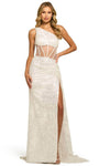 Sexy Sophisticated Sheath Floor Length Illusion Open-Back Slit Draped Sequined Asymmetric Glittering Natural Waistline Lace Sheath Dress/Evening Dress with a Court Train