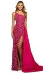 Sheath Floor Length One Shoulder Sleeveless Natural Waistline Fitted Beaded Slit Asymmetric Sheath Dress with a Brush/Sweep Train With a Sash