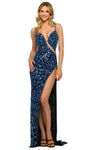 Sexy V-neck Sheath Natural Waistline General Print Sleeveless Spaghetti Strap Mesh Slit Illusion Hidden Back Zipper Open-Back Sequined Sheath Dress/Prom Dress with a Brush/Sweep Train