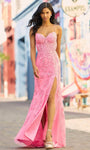 Sexy Sophisticated Sweetheart Corset Natural Waistline Spaghetti Strap Lace Sheath Slit Open-Back Lace-Up Embroidered Sheath Dress/Prom Dress with a Brush/Sweep Train With Rhinestones