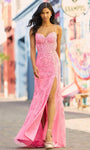 Sexy Sophisticated Sheath Spaghetti Strap Corset Natural Waistline Lace Open-Back Lace-Up Slit Embroidered Sweetheart Sheath Dress/Prom Dress with a Brush/Sweep Train With Rhinestones